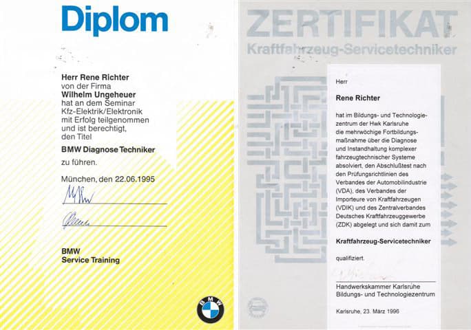 Diplom KFZ-Elektrik/Elektronik und Zertifikat KFZ-Servicetechniker